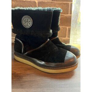 Tory Burch Shearling Boots Leather Fur Size 7.5 Black